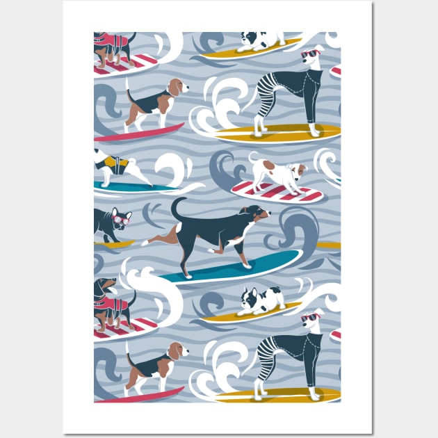 Happy dogs catching waves // pattern // pastel blue background darker blue waves brown white and blue doggies yellow red and turquoise surf and bodyboards Wall Art by SelmaCardoso